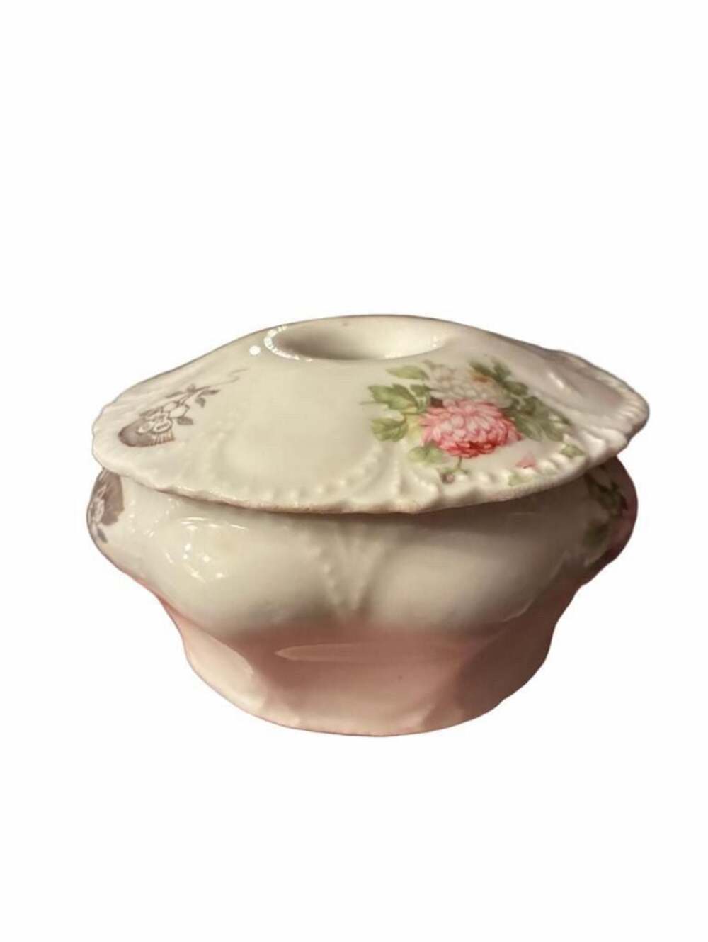 Vintage Porcelain Floral Hand-Painted Hair Receiver with Lid